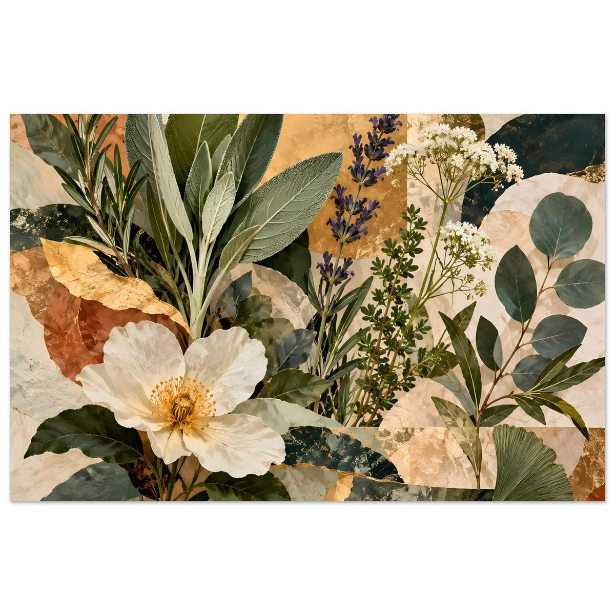 Botanisches Poster im Querformat mit Pflanzencollage aus weißen Blüten und Laub