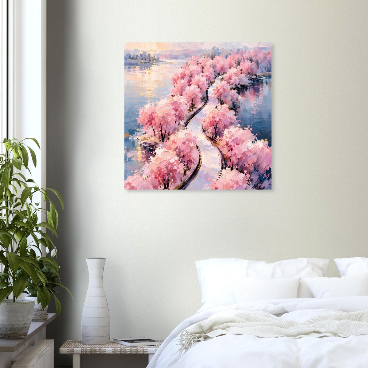 Quadratisches Kunstposter: rosa blühender Baumweg mit spiegelndem Wasser im Hintergrund