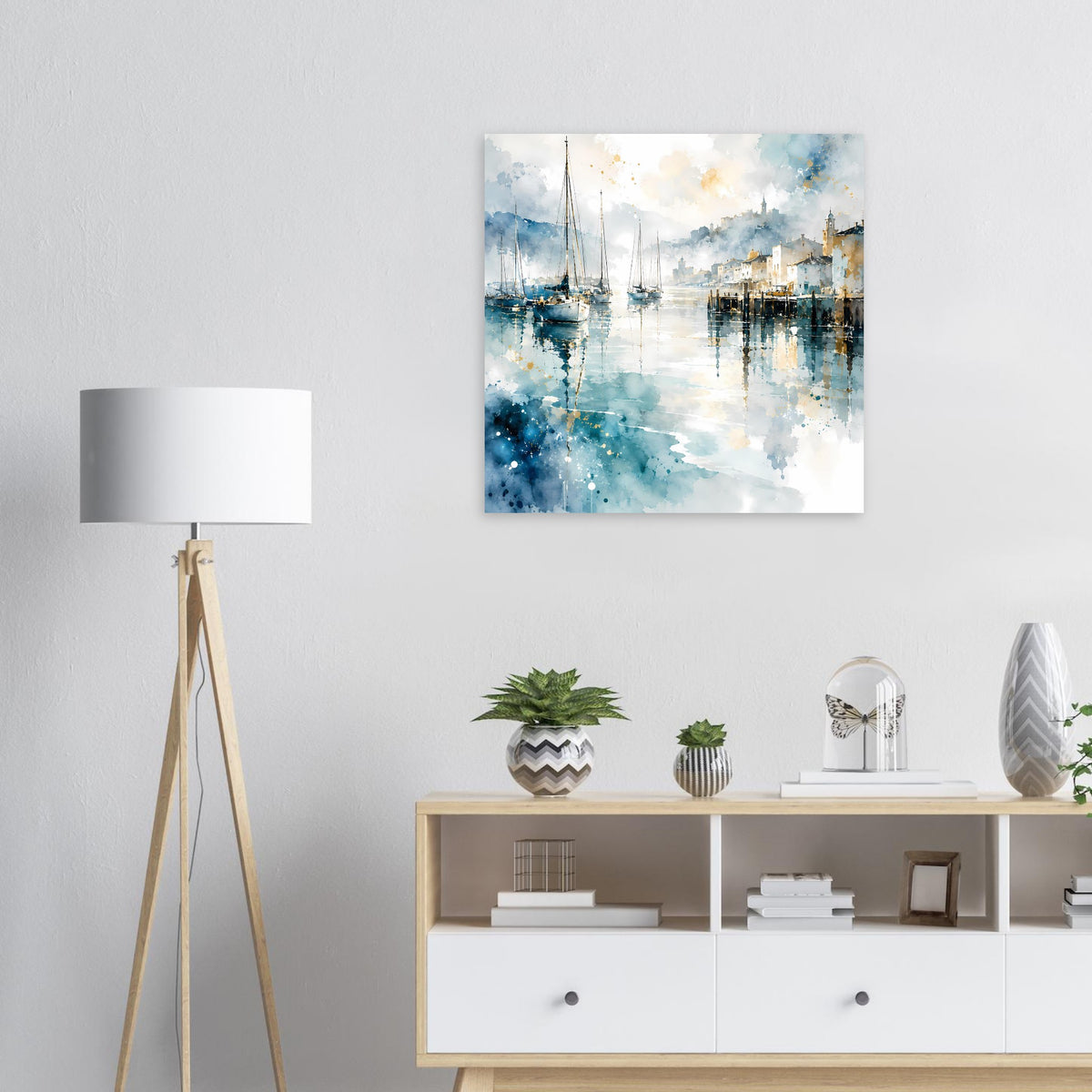 Aquarellposter mit Segelbooten im Hafen, blauweiße Wasserreflexe
