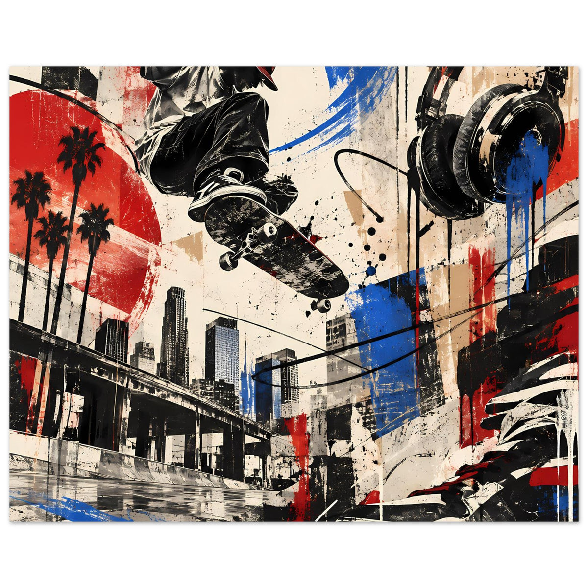 Urban-Skate-Poster im Querformat mit Skateboarder und kräftigen Farbspritzern