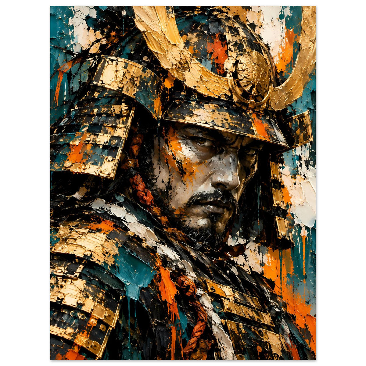 Samurai-Krieger Poster, gedämpfte Farben: Teal, Gold und Orange, Helm frontal