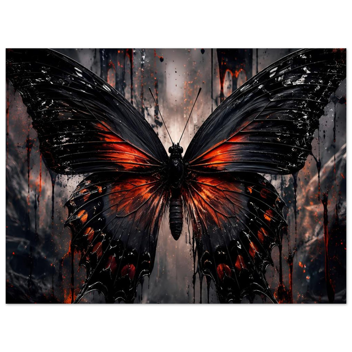 Horizontales Poster: schwarzer Schmetterling mit orange-roten Flammenlinien und dunklem Sprühbild