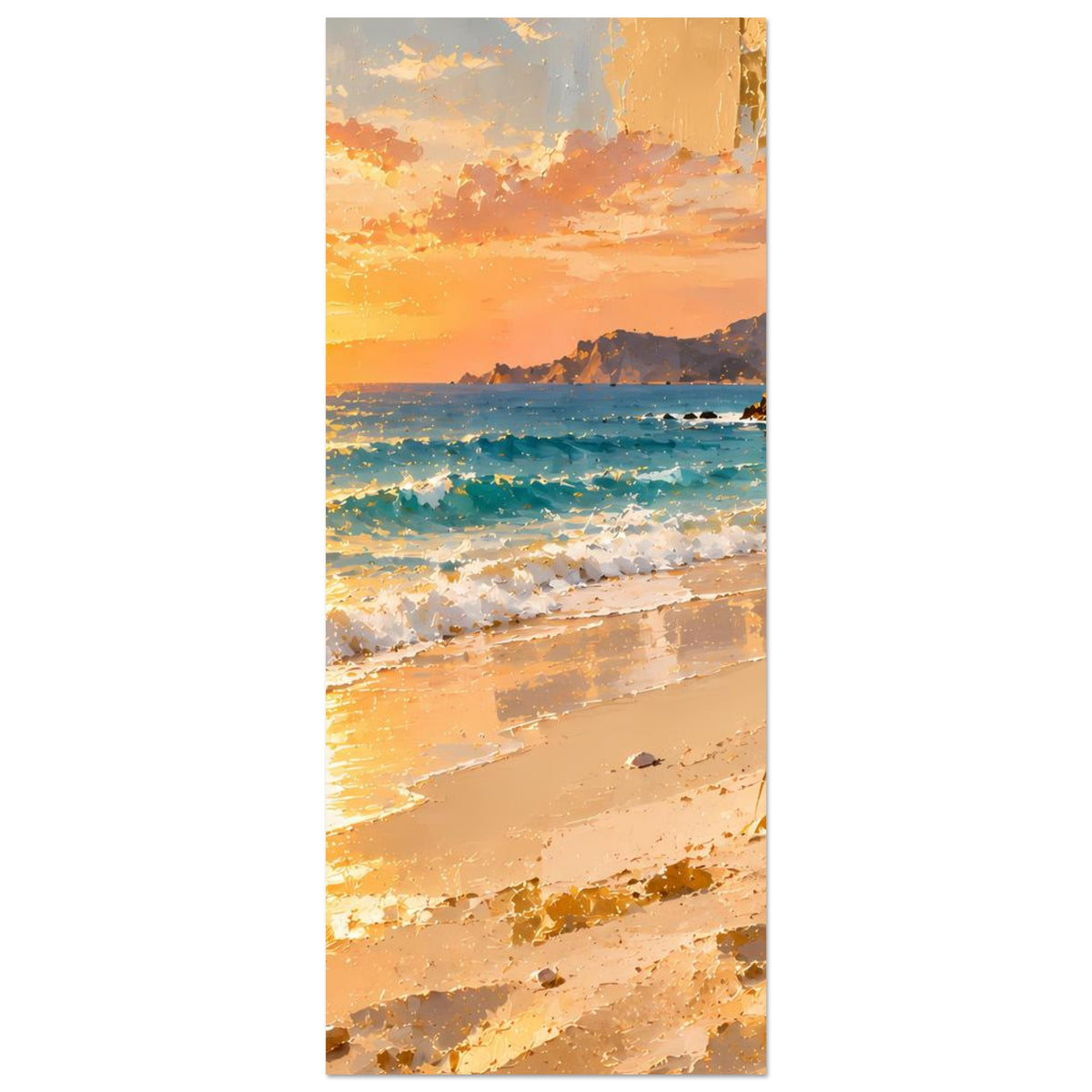 Vertikales Strandposter: Sonnenuntergang über Meer, Wellen und Sandstrand