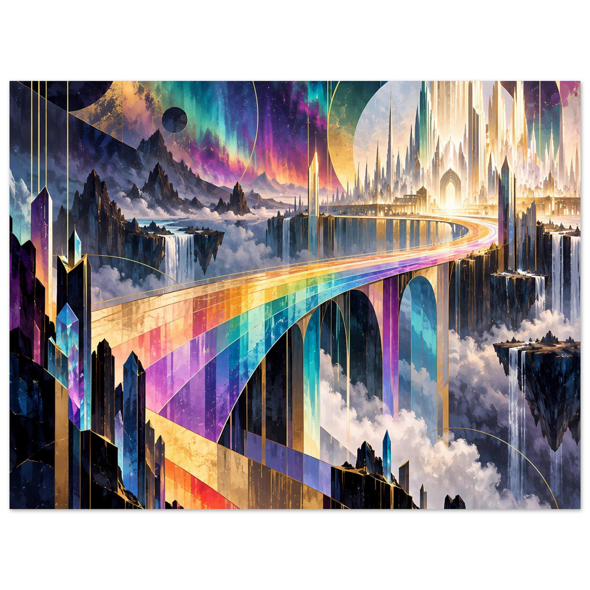 Futuristisches Regenbogen-Brückenposter, großes Panorama mit Brücke über Wolken und Stadt