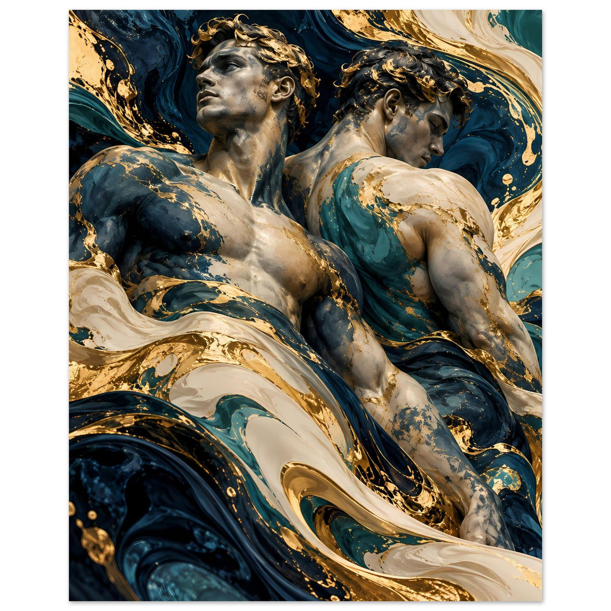 Kunstposter mit sitzenden Frauenfiguren und Goldwirbeln auf blauem, cremefarbenem Hintergrund