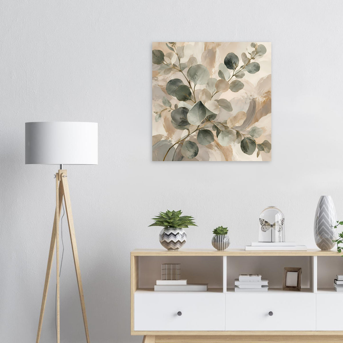 Quadratisches botanisches Aquarellposter mit Eukalyptusblättern in Salbeigrün und Beige