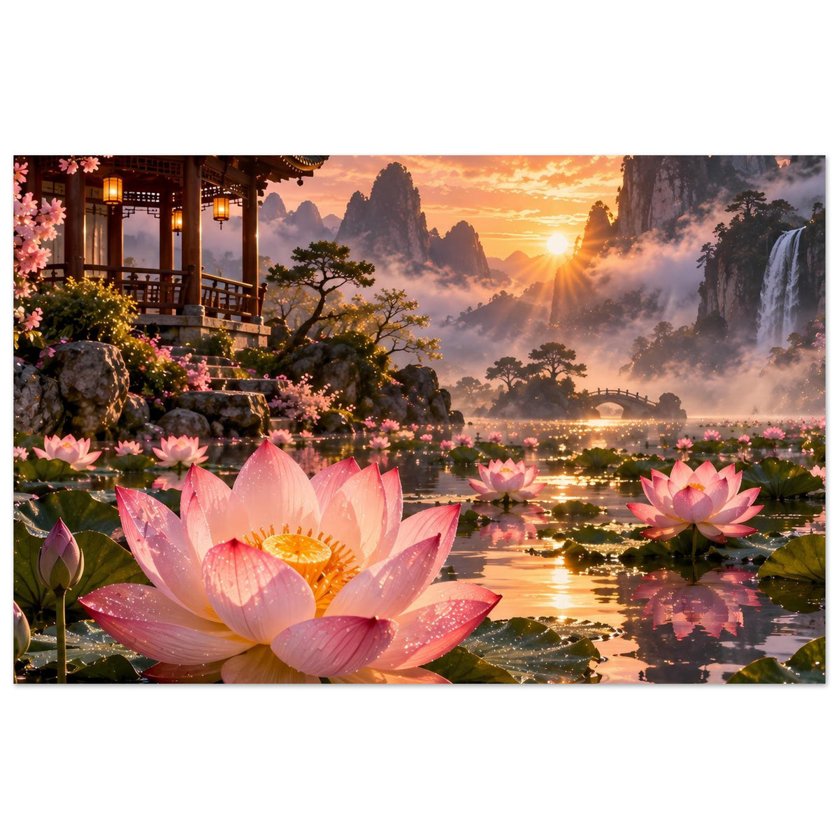 Querformat-Poster mit rosa Lotusblüten im Vordergrund und beleuchtetem Fluss bei Sonnenuntergang