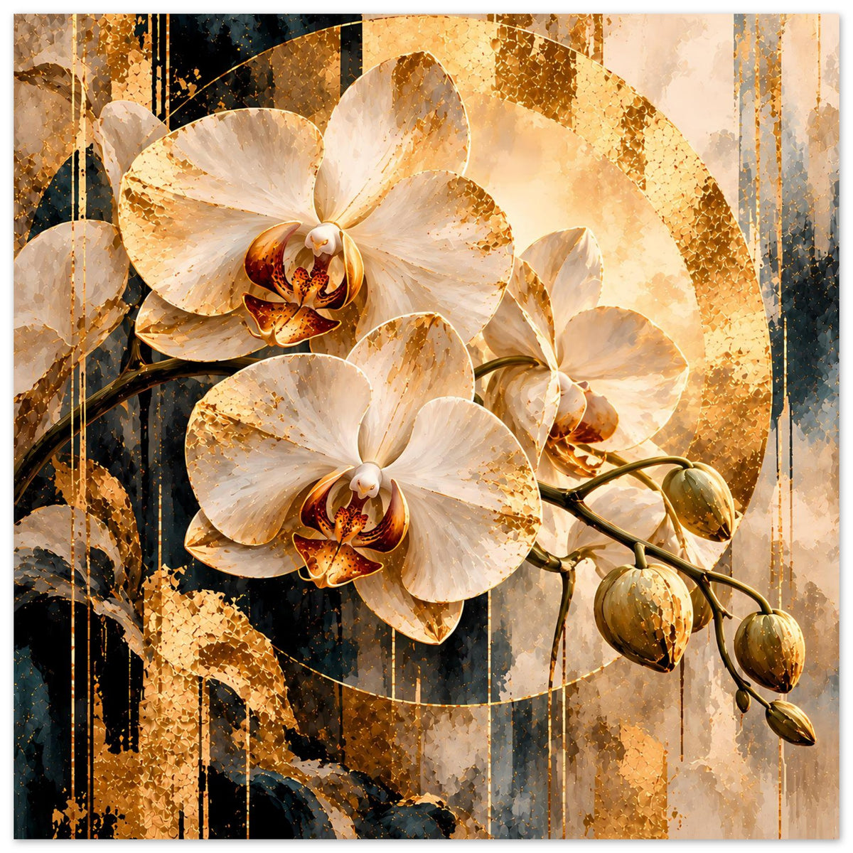 Wandposter im Querformat mit drei weißen Orchideenblüten und goldfarbenem Rankenast
