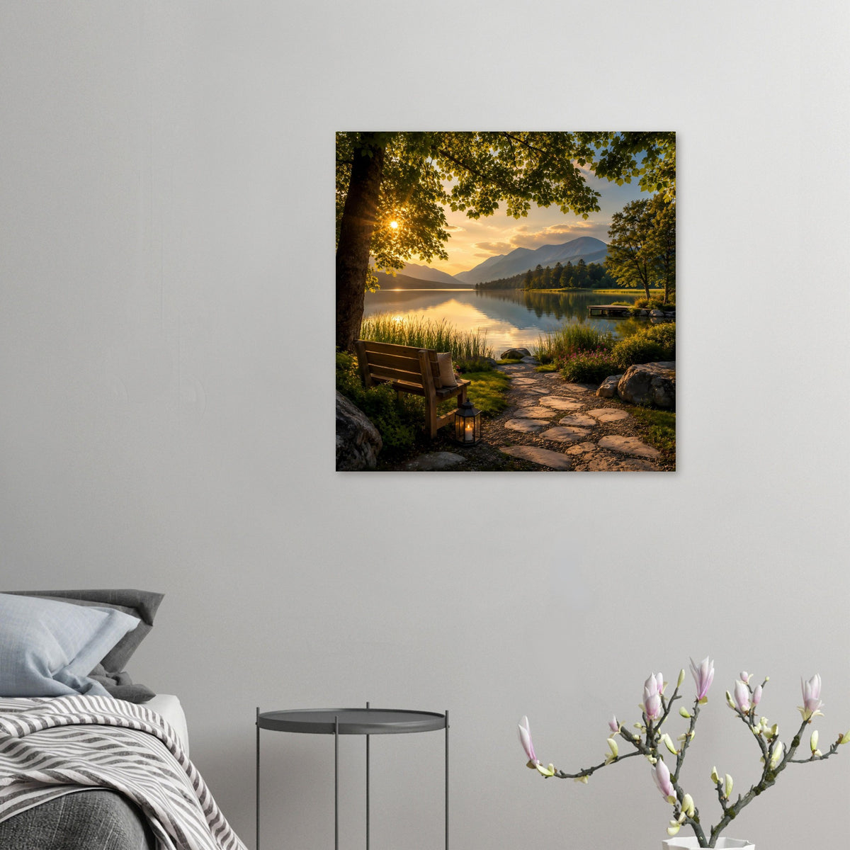 Kleines Landschafts-Poster mit See und Sonnenuntergang, Sitzbank und Laterne am Ufer