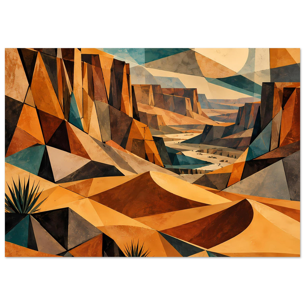 Wüstenlandschaft-Poster mit geometrischen Dreiecken in warmen Erdtönen und türkisen Akzenten, gerahmt.