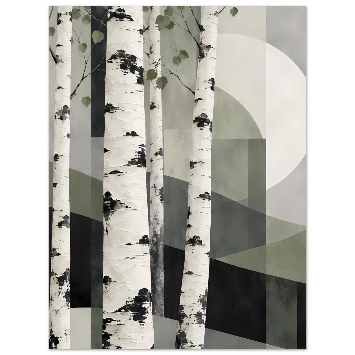 Naturposter mit Birkenwaldmotiv, grünen Blättern und geometrischen Flächen mit Kreis.