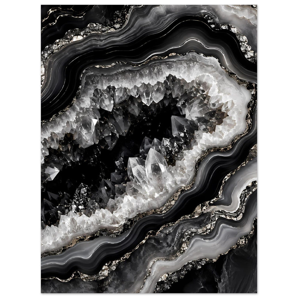 Geoden-Wandposter mit Rahmen: schwarzweiße Kristalldruse und graue Achat-Schichten