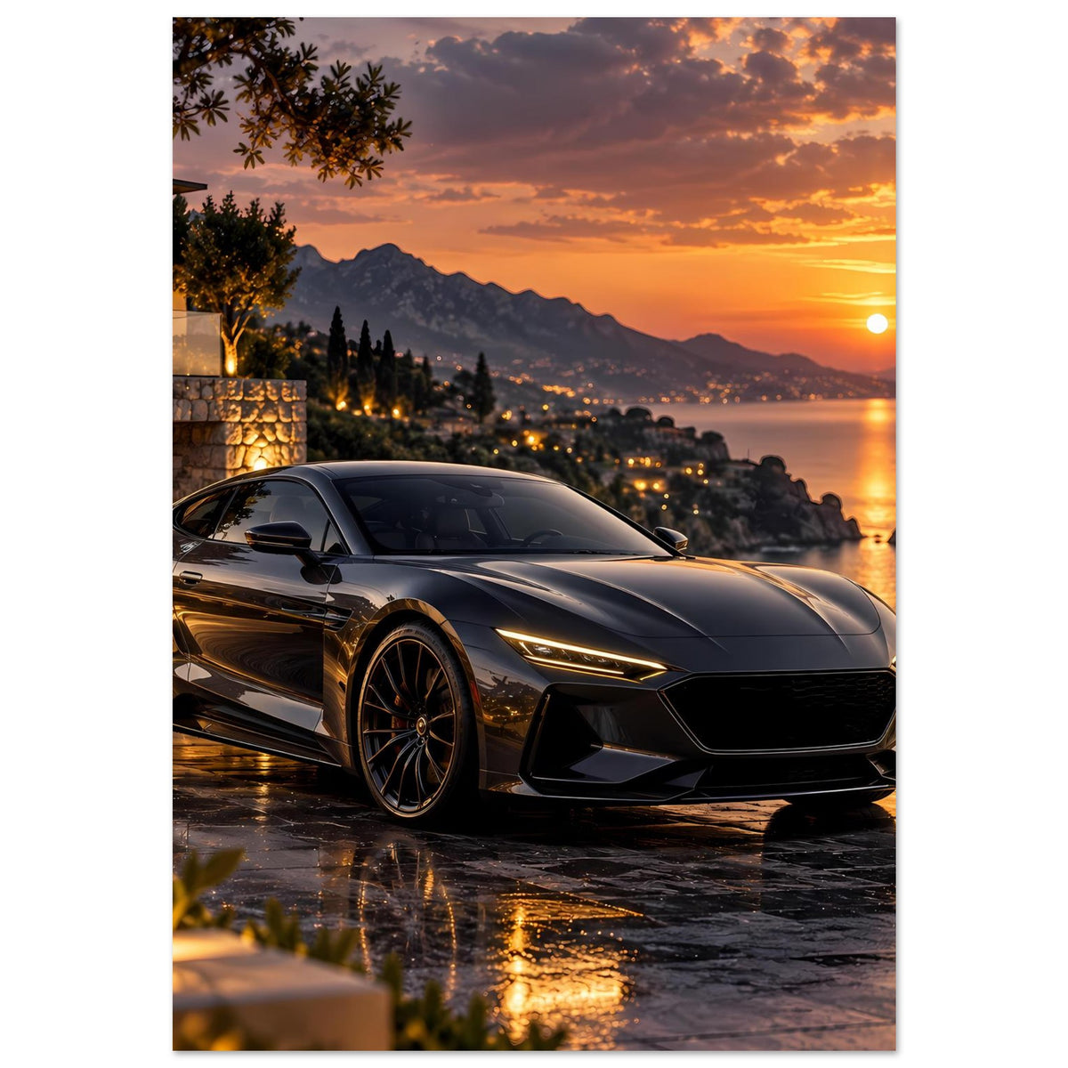 Poster mit Sportwagen im Sonnenuntergang, seitliche Frontansicht, schwarzer Wagen, goldene Reflexe