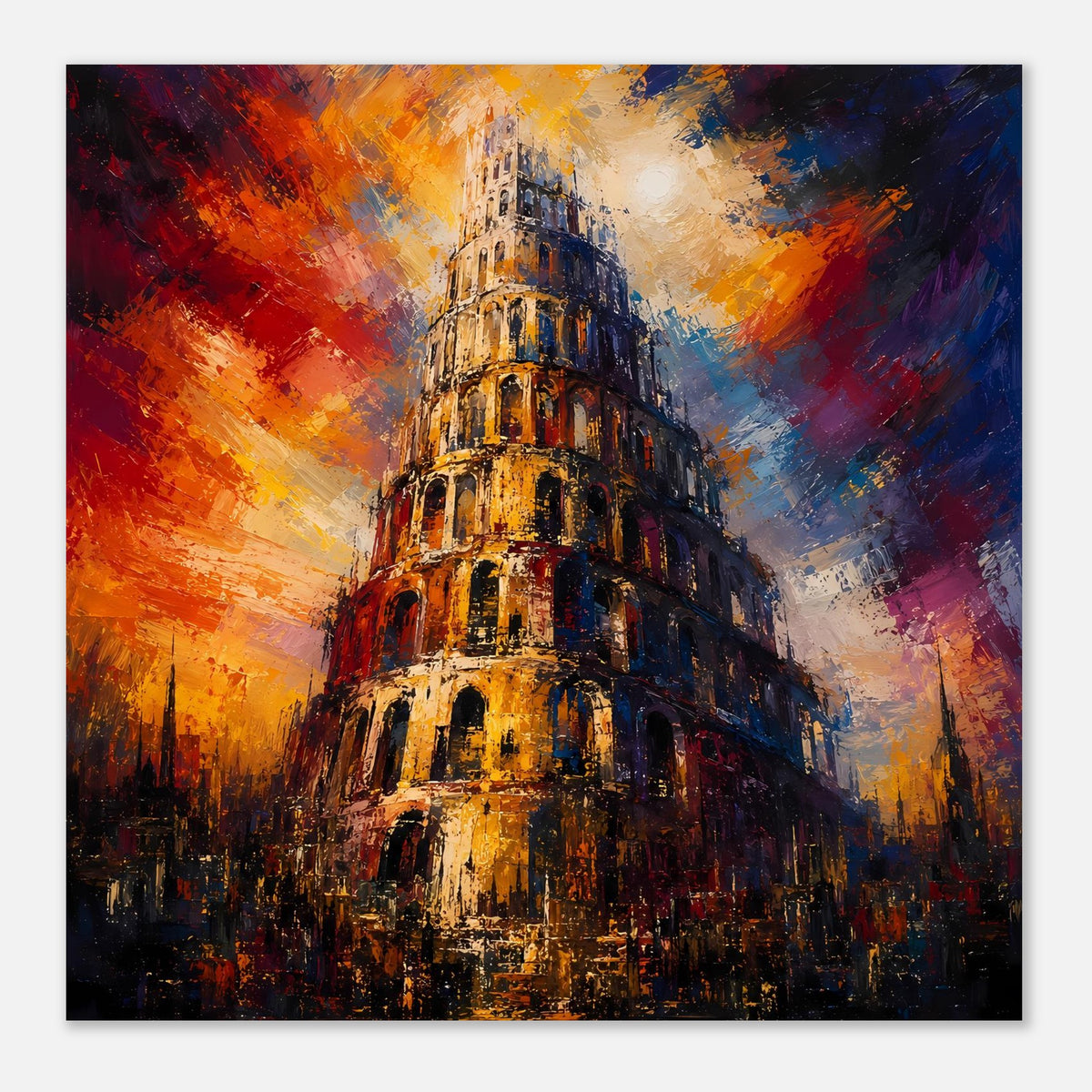 Poster im Querformat: Turm von Babel, abstrakt gestaltet, Orange- und Blautöne im Motiv.