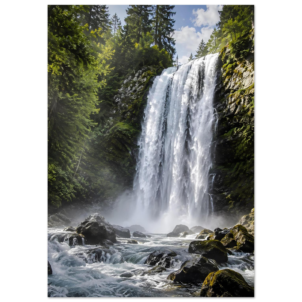 Premium-Poster mit großem Wasserfall, grüner Ufervegetation und Bach im Vordergrund, Hochformat.