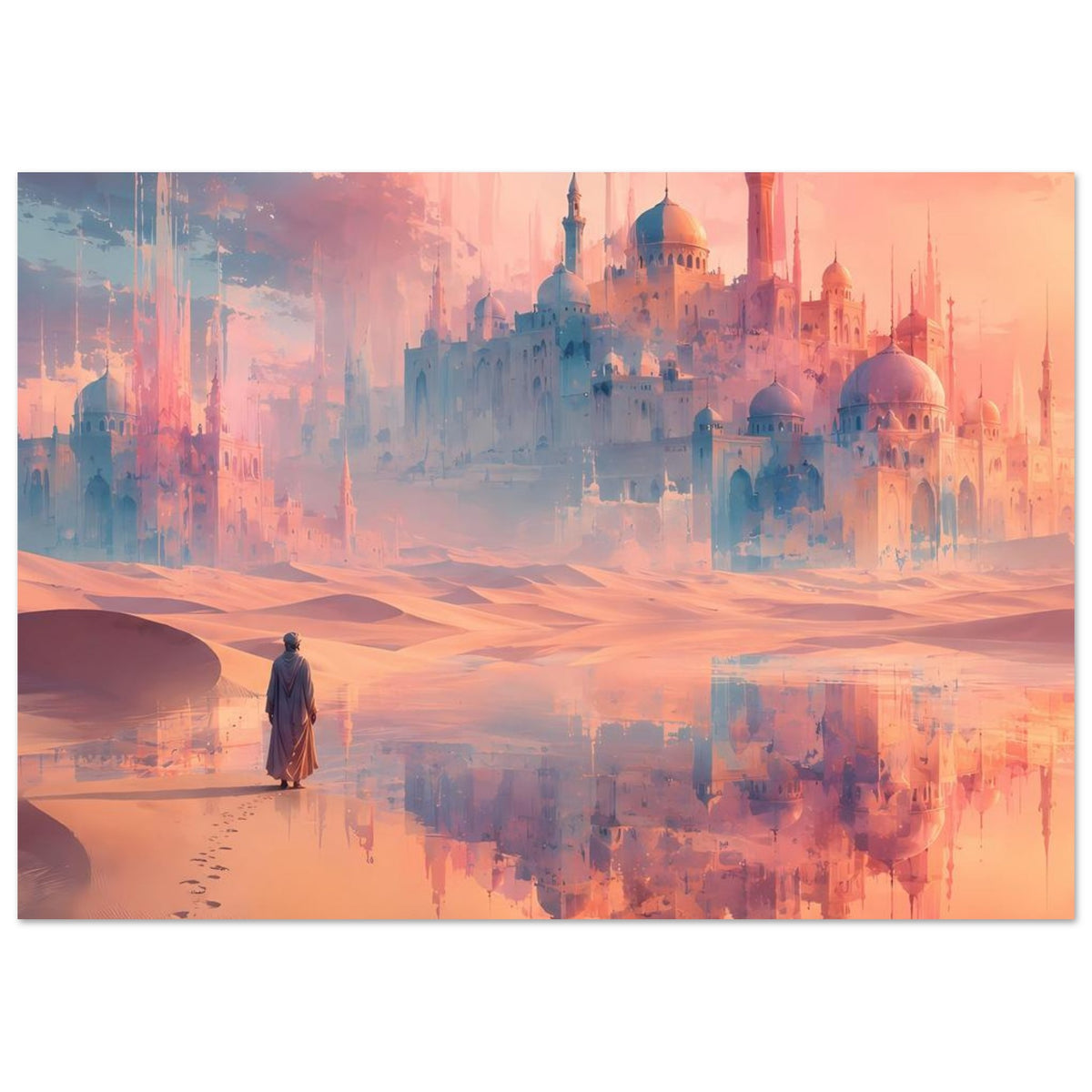Wandposter: orientalischer Palast mit Kuppeln, Wüstenpfad, gehende Person und Reflexion im Wasser