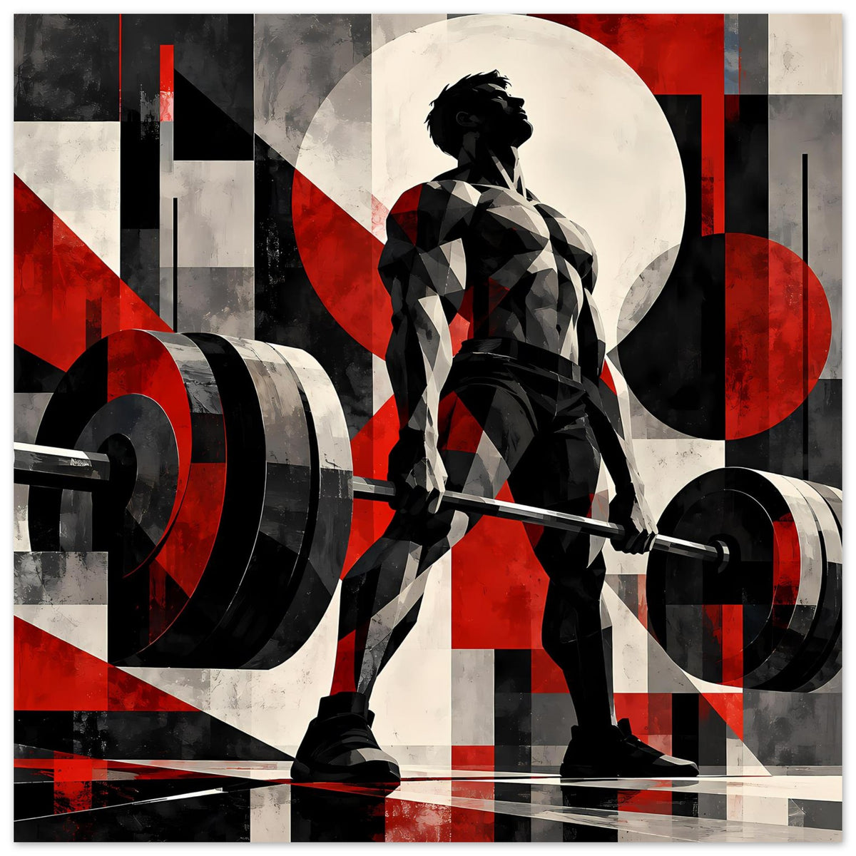 Fitnessposter mit Silhouette eines Kraftsportlers, Hantelstange und roten Akzenten