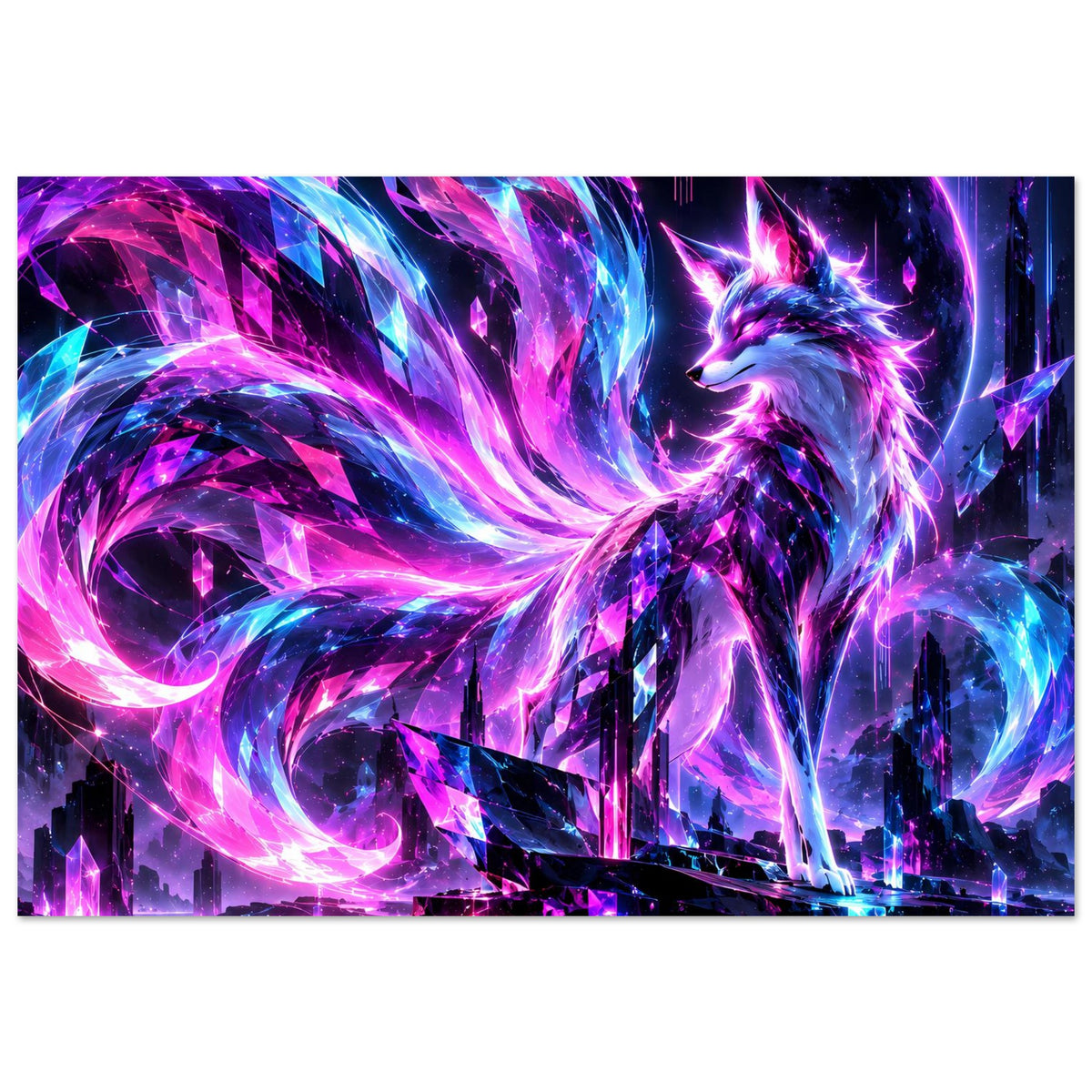 Neon-Fantasy-Poster mit leuchtendem Fuchs und violett-blauen Kristalllichtern über futuristischer Skyline