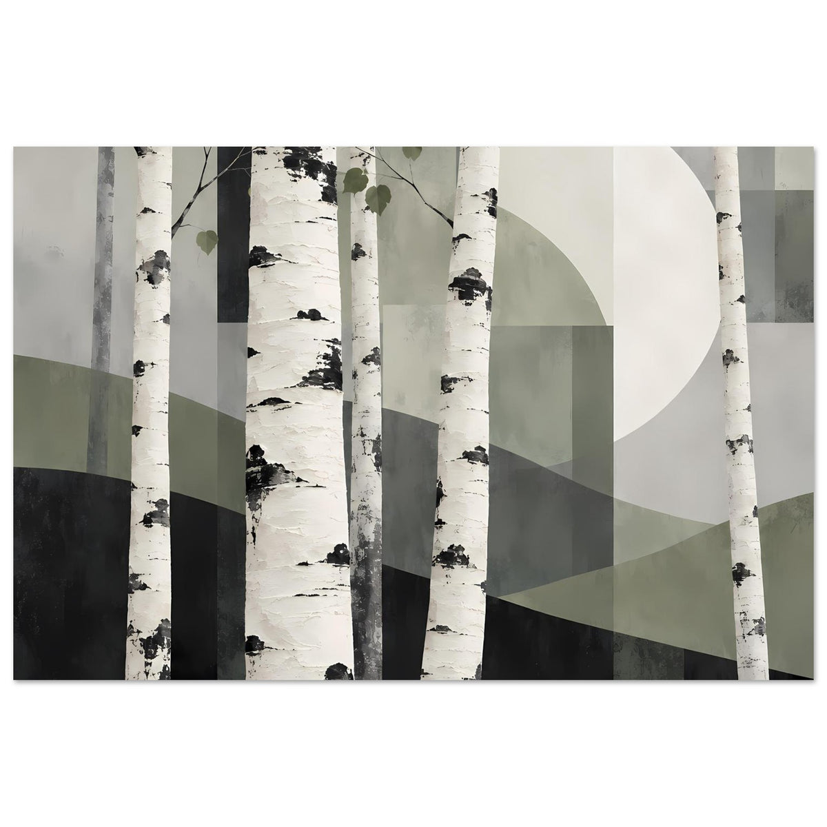 Naturposter mit Birkenstämmen und stilisierten Blattmotiven, kombiniert mit hellen Grauflächen