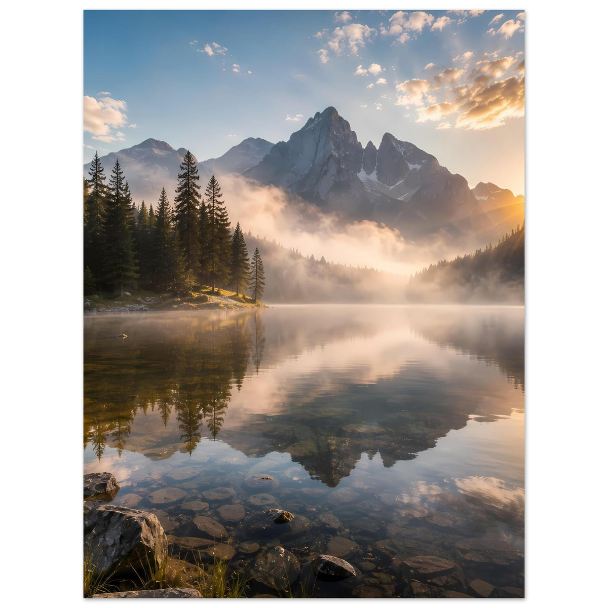 Poster mit Berglandschaft, Bergsee-Spiegelung und Sonnenaufgang im Nebel