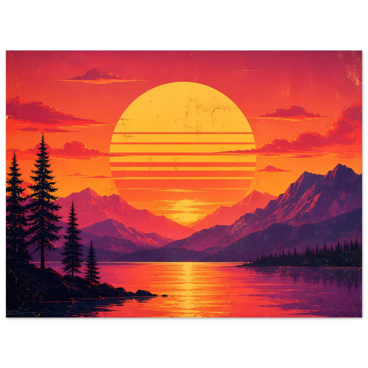 Querformat-Poster mit gelber Sonne und horizontalen Streifen, Bergsee, Berge und Tannen