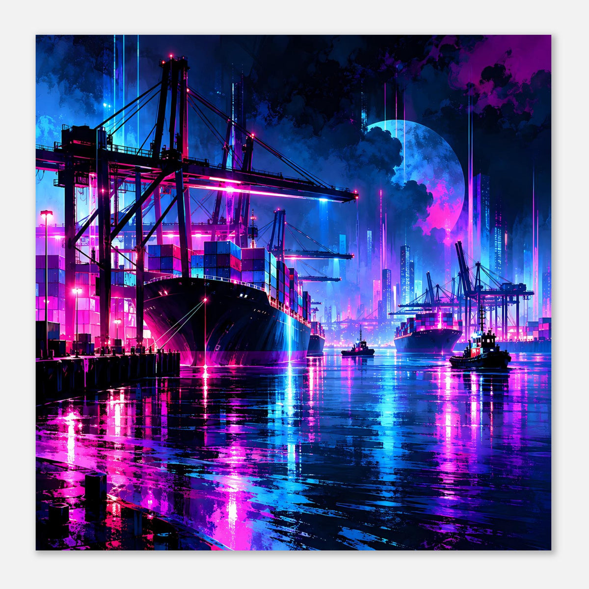 Neon-Hafen Poster (quadratisch) mit Brücke, Hafenkränen, Mondschein und bunten Reflexen