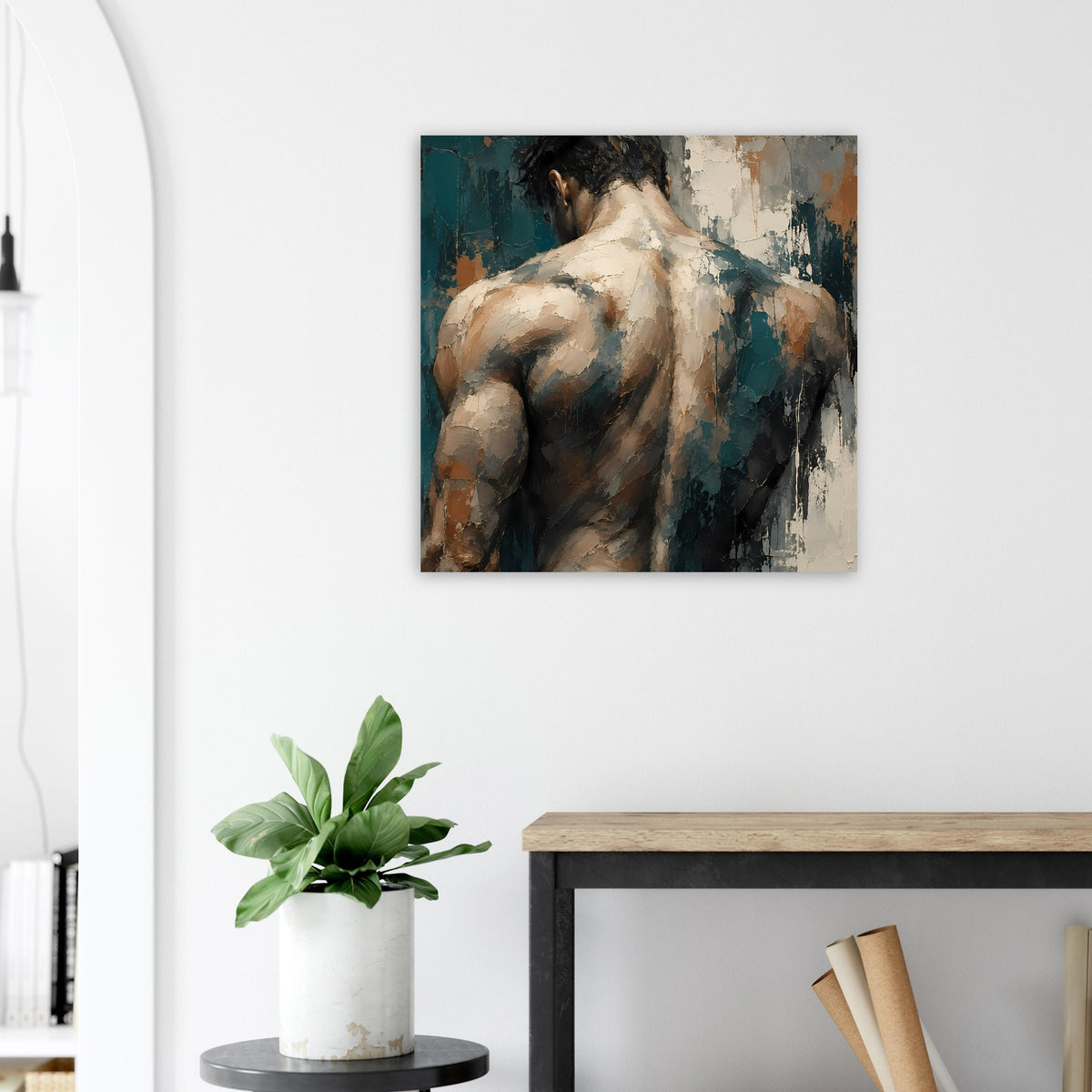 Poster mit Rückenansicht eines Mannes, abstrakt gestaltet in warmen Erdtönen.