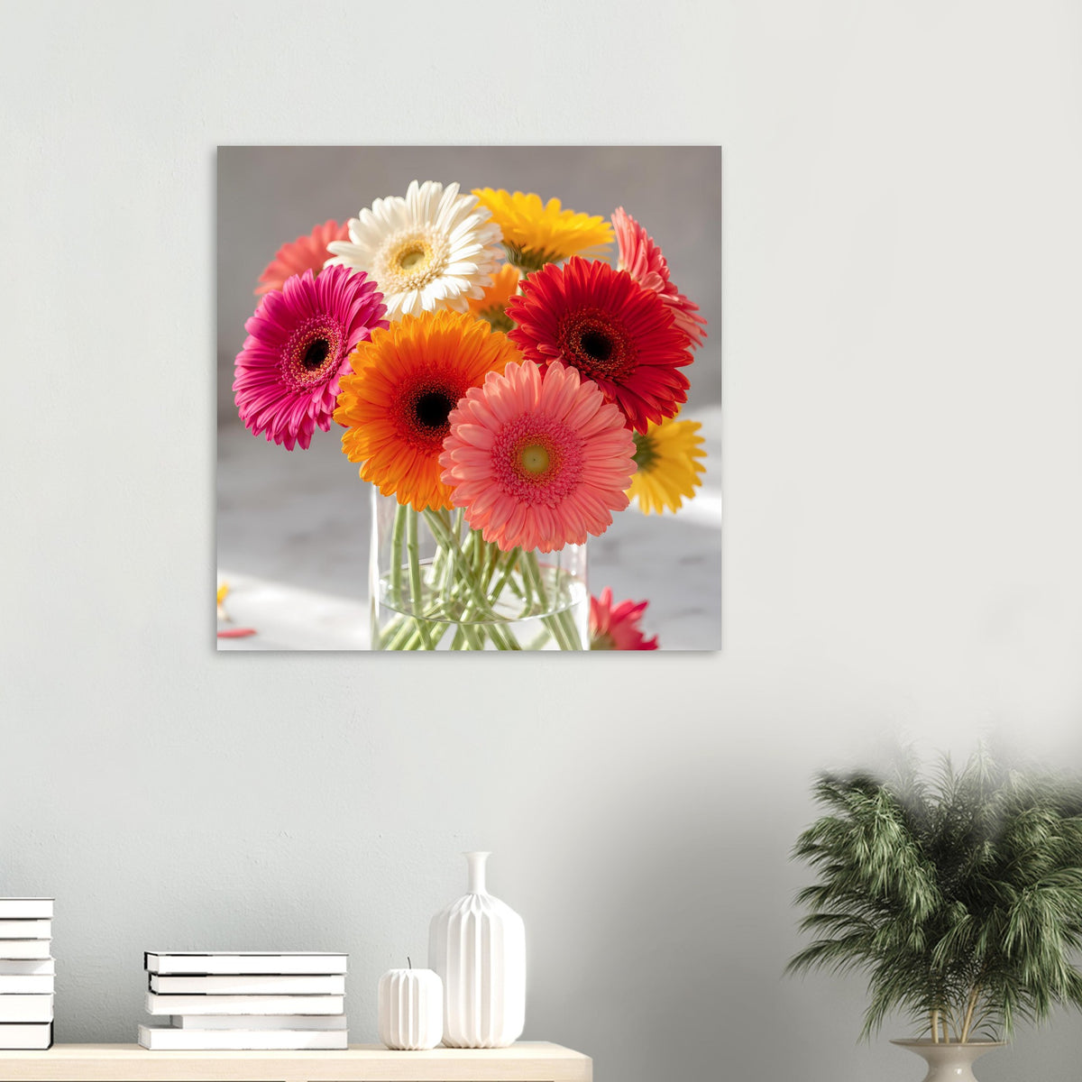 Poster mit buntem Gerbera-Blumenstrauß im Glasvase, quadratisches Motiv