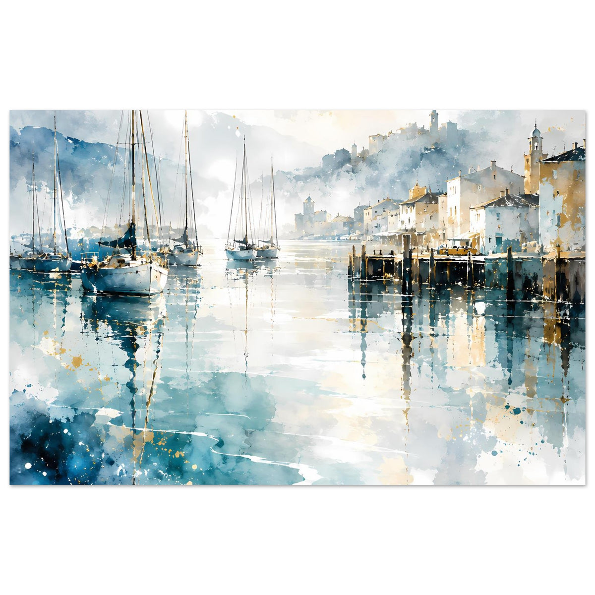 Maritimes Aquarell-Poster mit Segelbooten im Hafen und blauen Wasserreflexen
