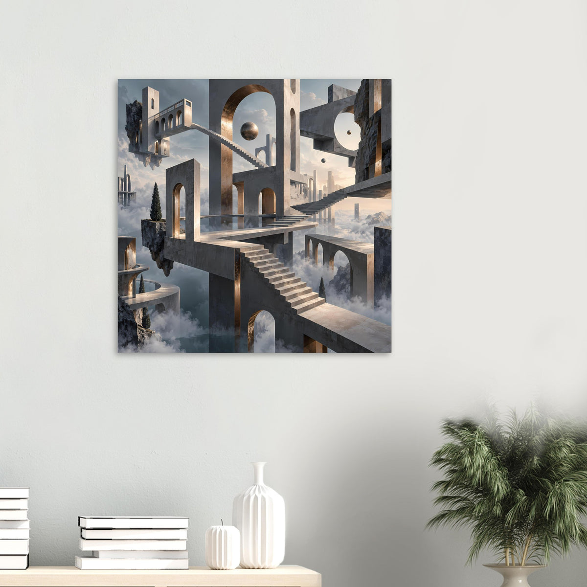 Architekturposter mit goldenen Torbögen, Treppenflucht und runden Portalelementen
