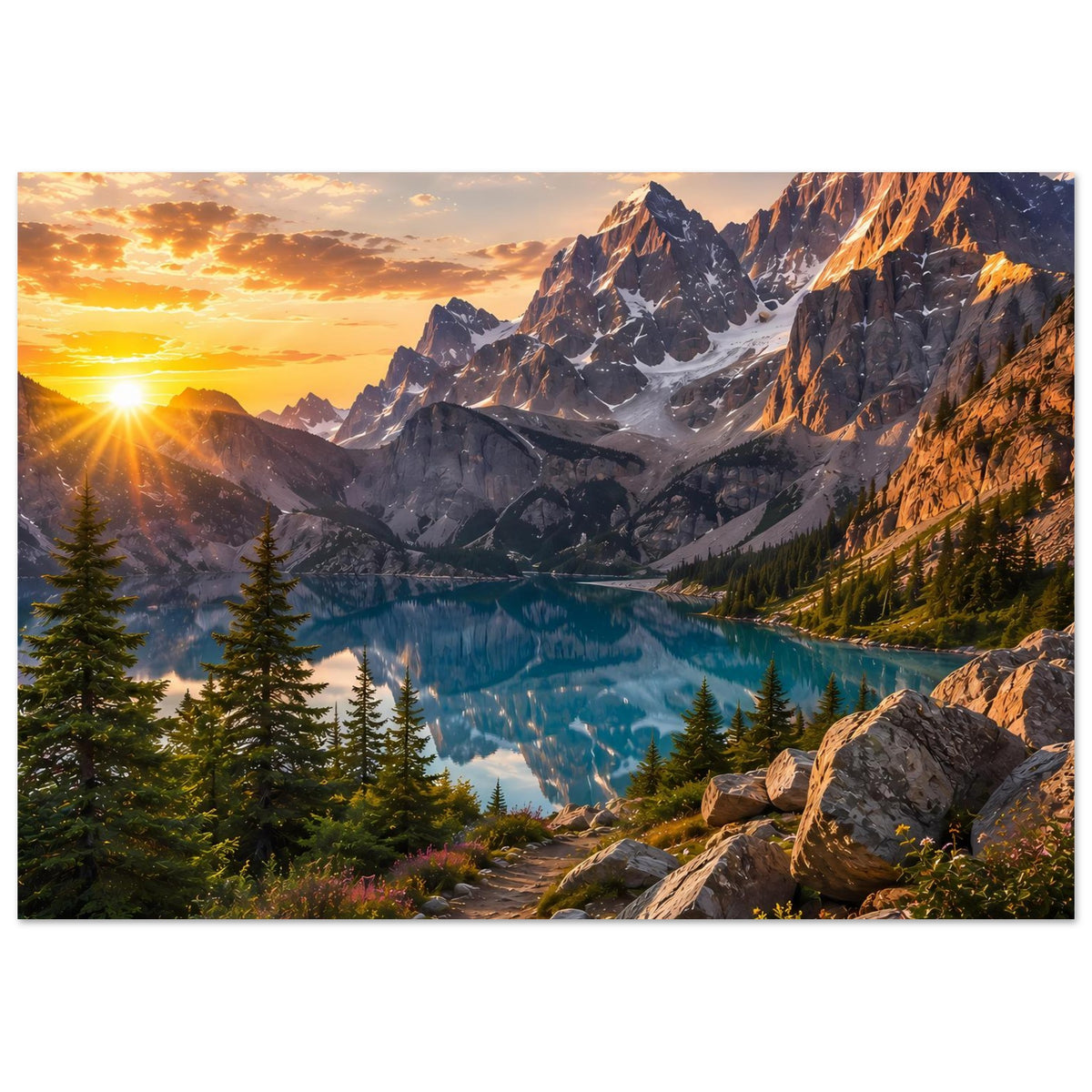 Poster mit Bergsee am Abend, Felsvorsprung, Nadelbäume und schneebedeckte Gipfel
