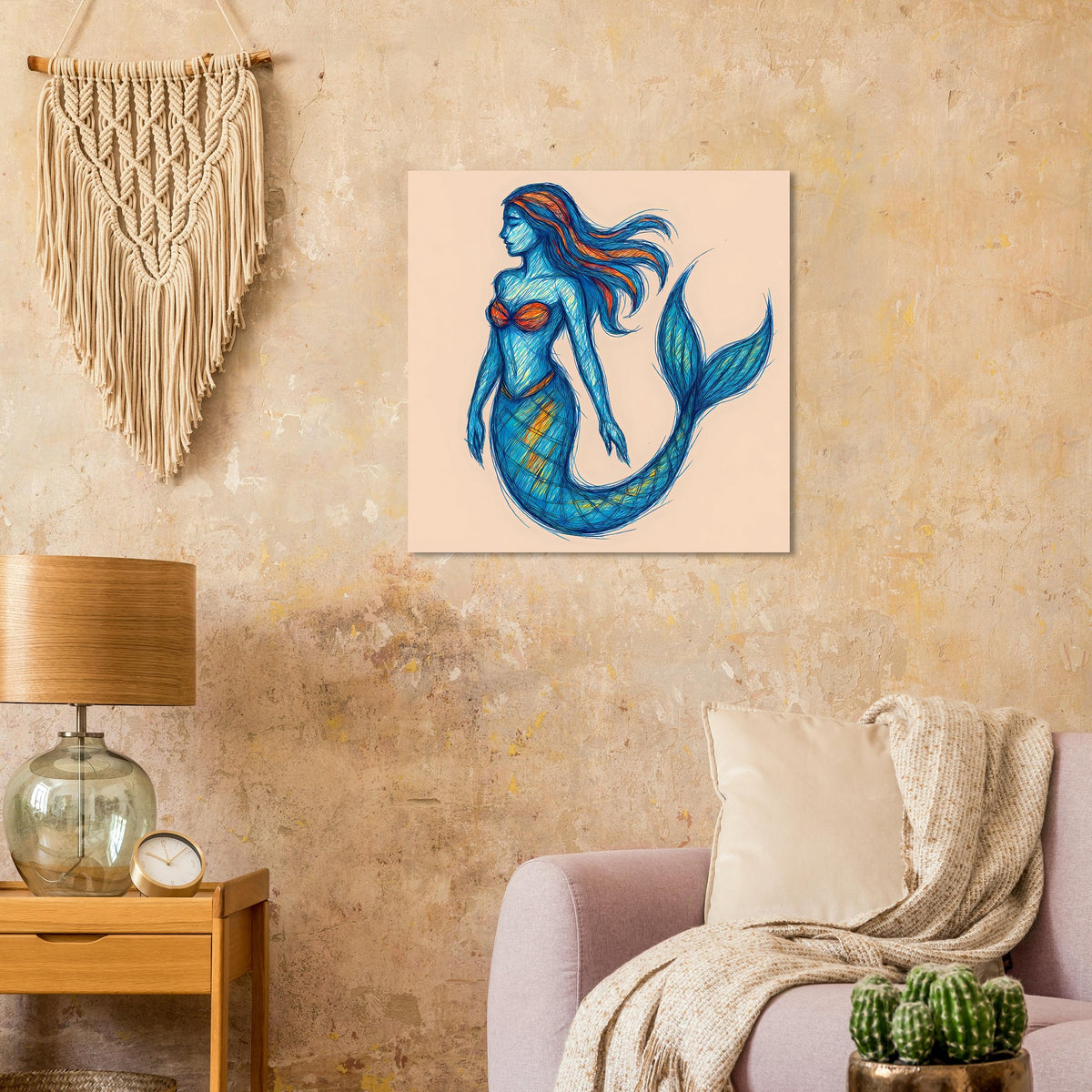 Gerahmtes Kunstposter mit blauer Meerjungfrau, detaillierter Fischschwanz und Muster