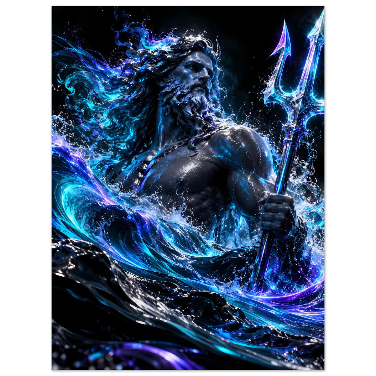 Hochkant-Poster mit Poseidon: lockige Mähne, Dreizack und blaues Magieflimmern