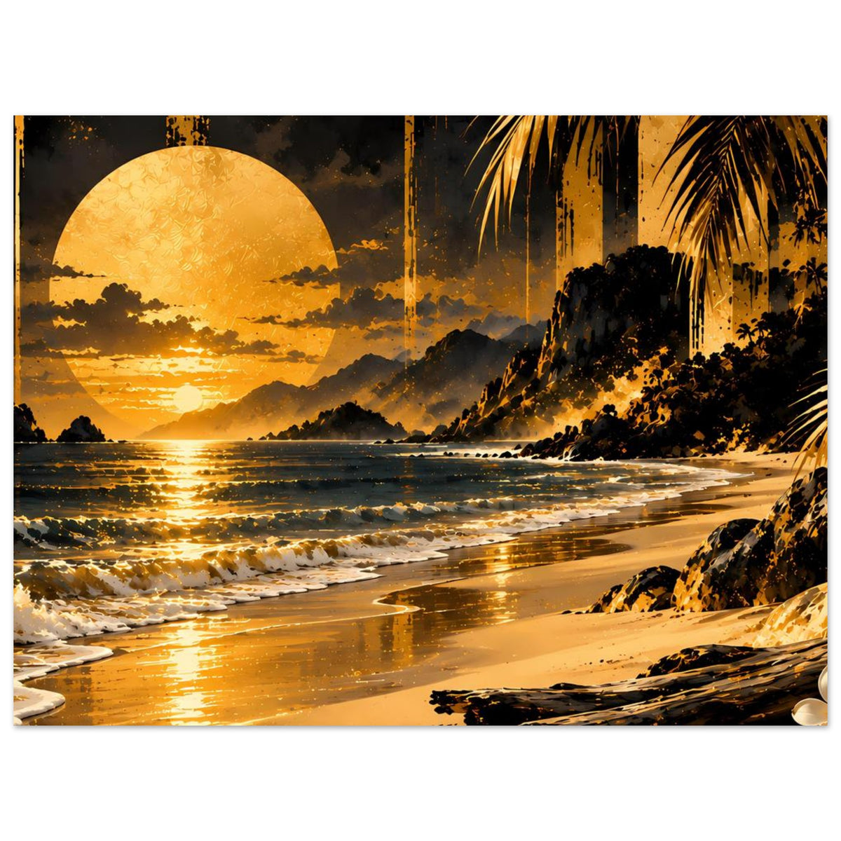 Strandposter (horizontal) mit goldener Sonne, Wasserreflexen und Strandkurve