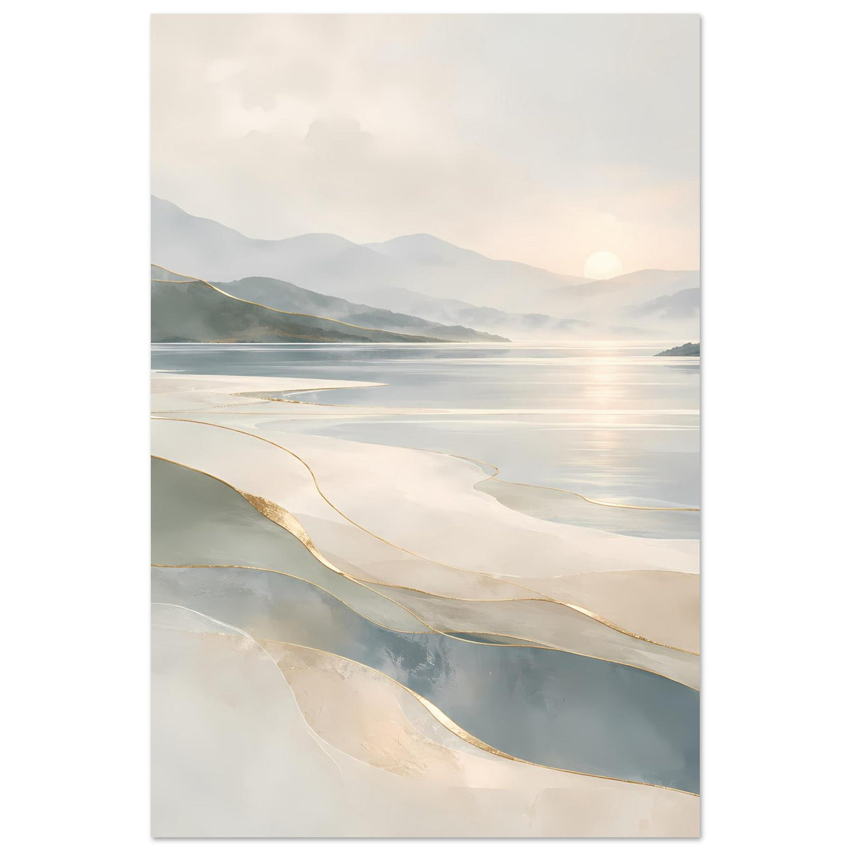 Poster (Hochformat) mit Wasserblick und goldenen Akzenten, Beige und Grau