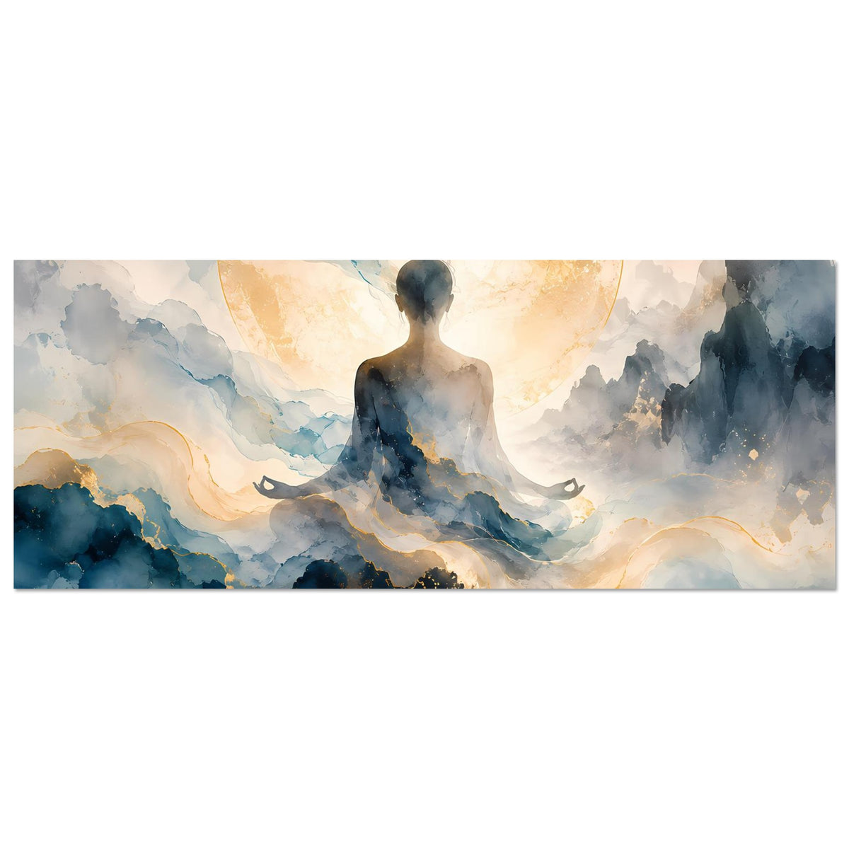 Zen-Poster querformat: sitzende Silhouette zwischen blauen Farbwolken und goldenem Kreis