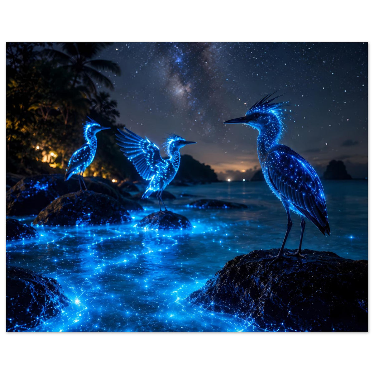 Poster mit blau leuchtenden Nachtvögeln auf Felsen, Galaxy-Effekt und funkelnde Punkte im Wasser