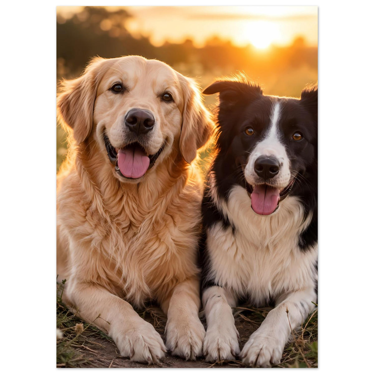 Hochformatiges Hunde-Porträtposter mit Golden Retriever und schwarzem/weißen Hund, zentrierte Gesichter