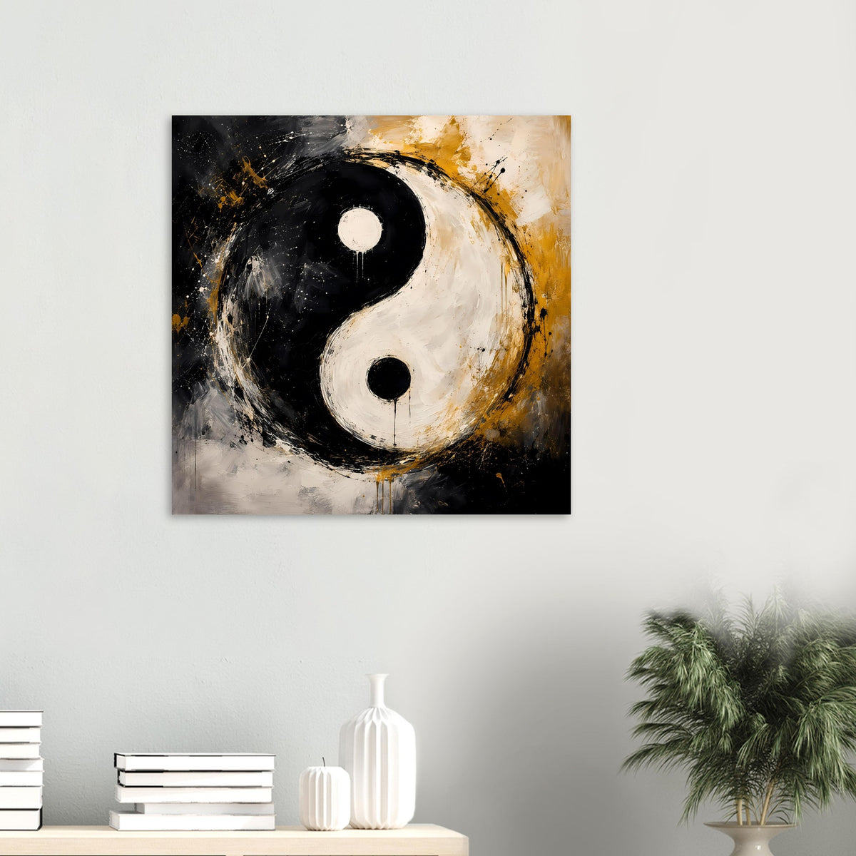 Abstraktes Yin-Yang-Poster, kleines Wandbild, Schwarz-Weiß mit goldenen Pinselakzenten