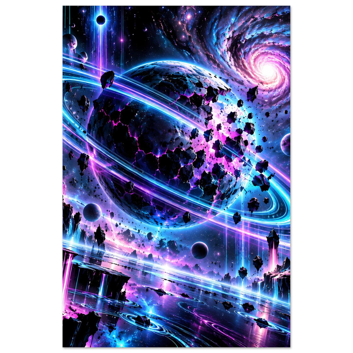 Neon-Galaxie-Poster im Hochformat mit leuchtendem Spiralnebel, Planeten und Ringen