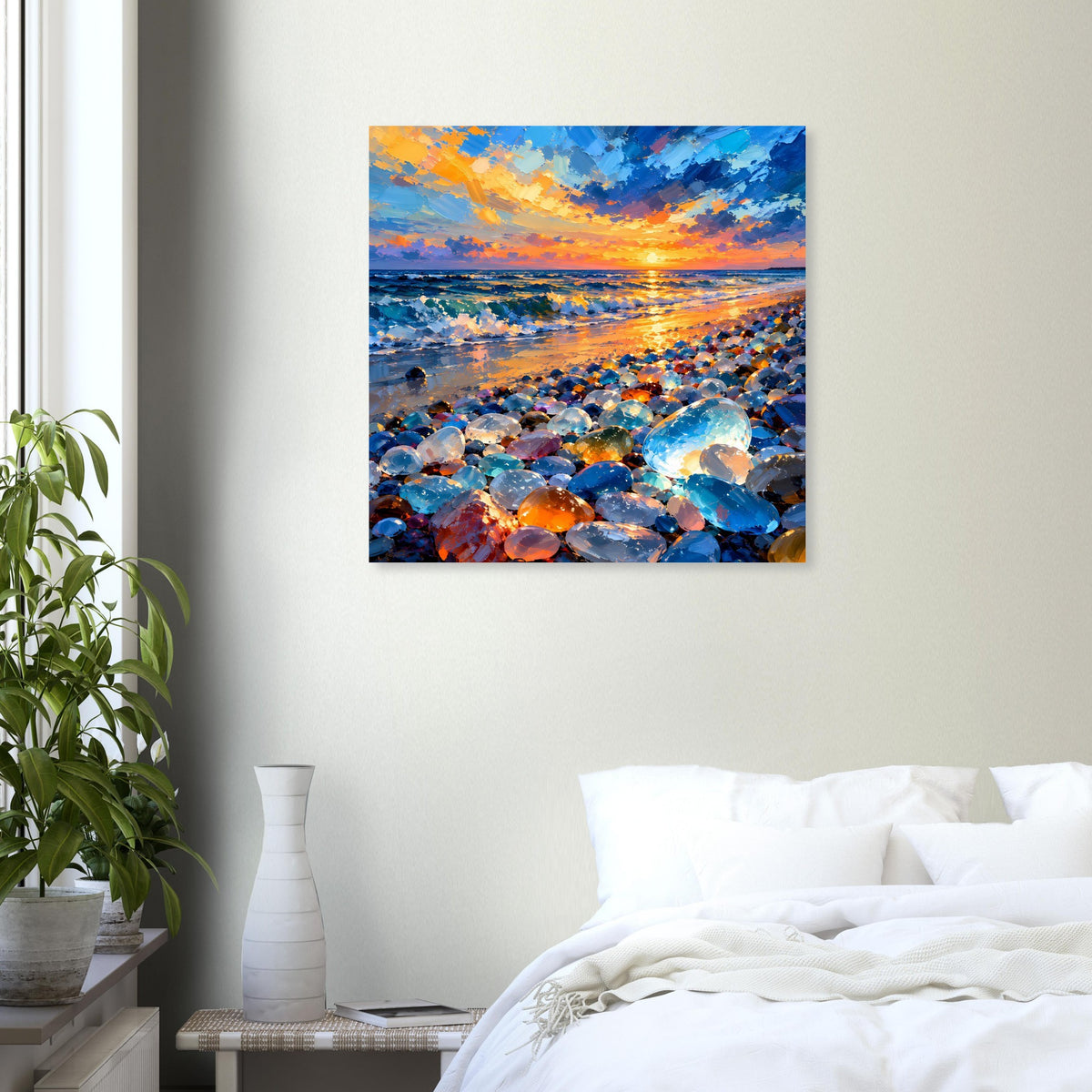 Quadratisches Wandposter: Sonnenuntergang über dem Wasser mit bunten Kieseln