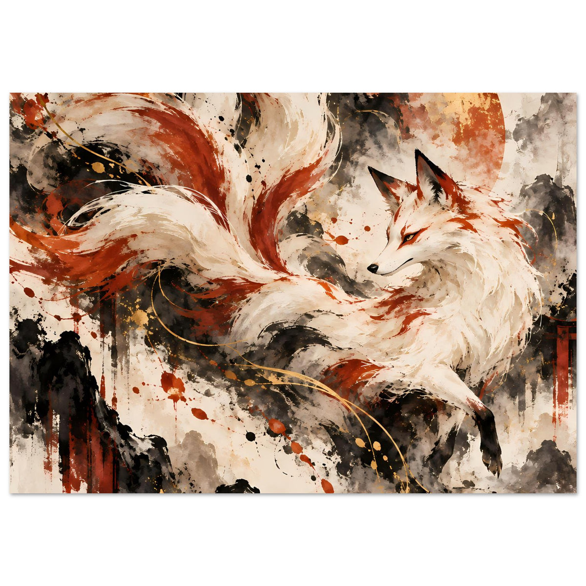 Fantasy-Poster mit Fuchs-Porträt, weiße Mähne, orangebrauner Hintergrundkreis und Spritzdekor