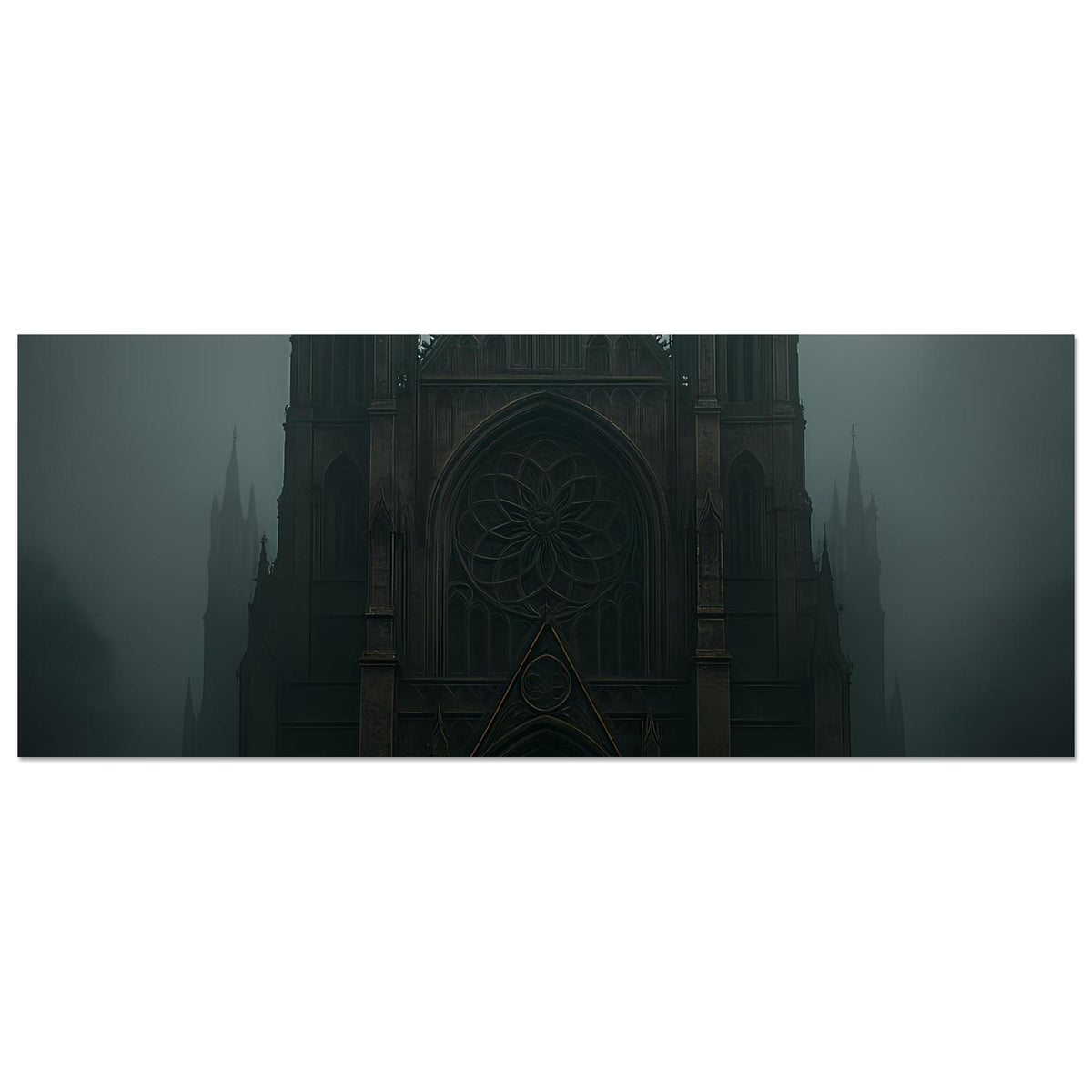 Gotisches Kathedralen-Poster, horizontales Motiv mit dunklen Türmen und Portal in der Mitte