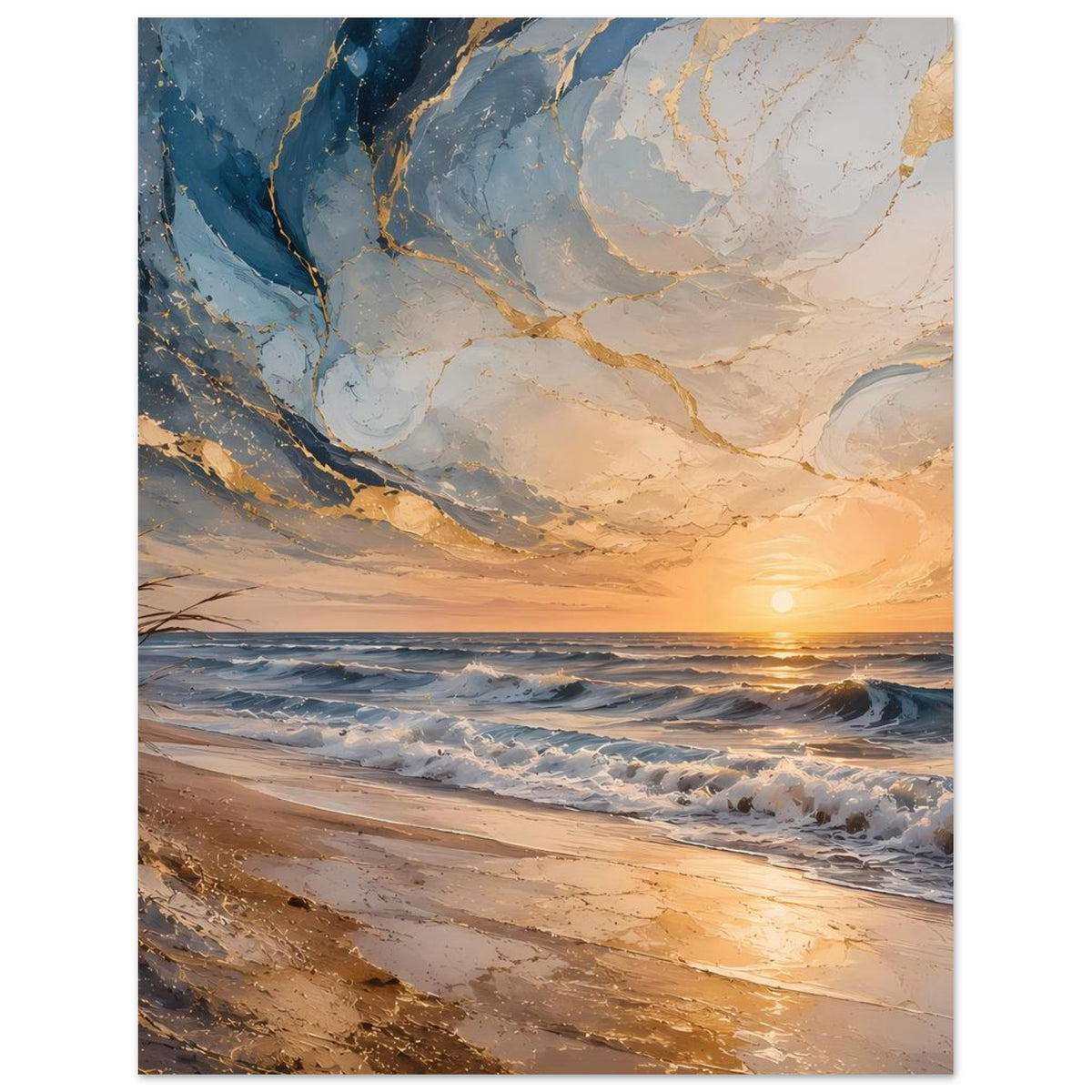 Hochformat-Poster: Küste bei Sonnenuntergang, türkisblaues Wasser und warme goldene Töne