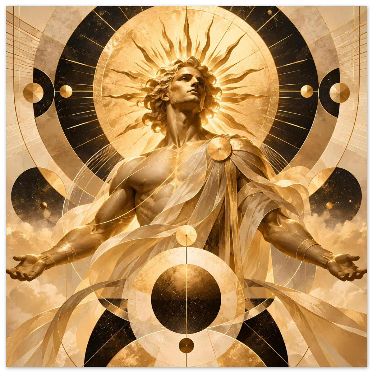 Horizontales Poster mit goldener Engelstatue, ausgebreiteten Armen, Halo und geometrischen Ringen