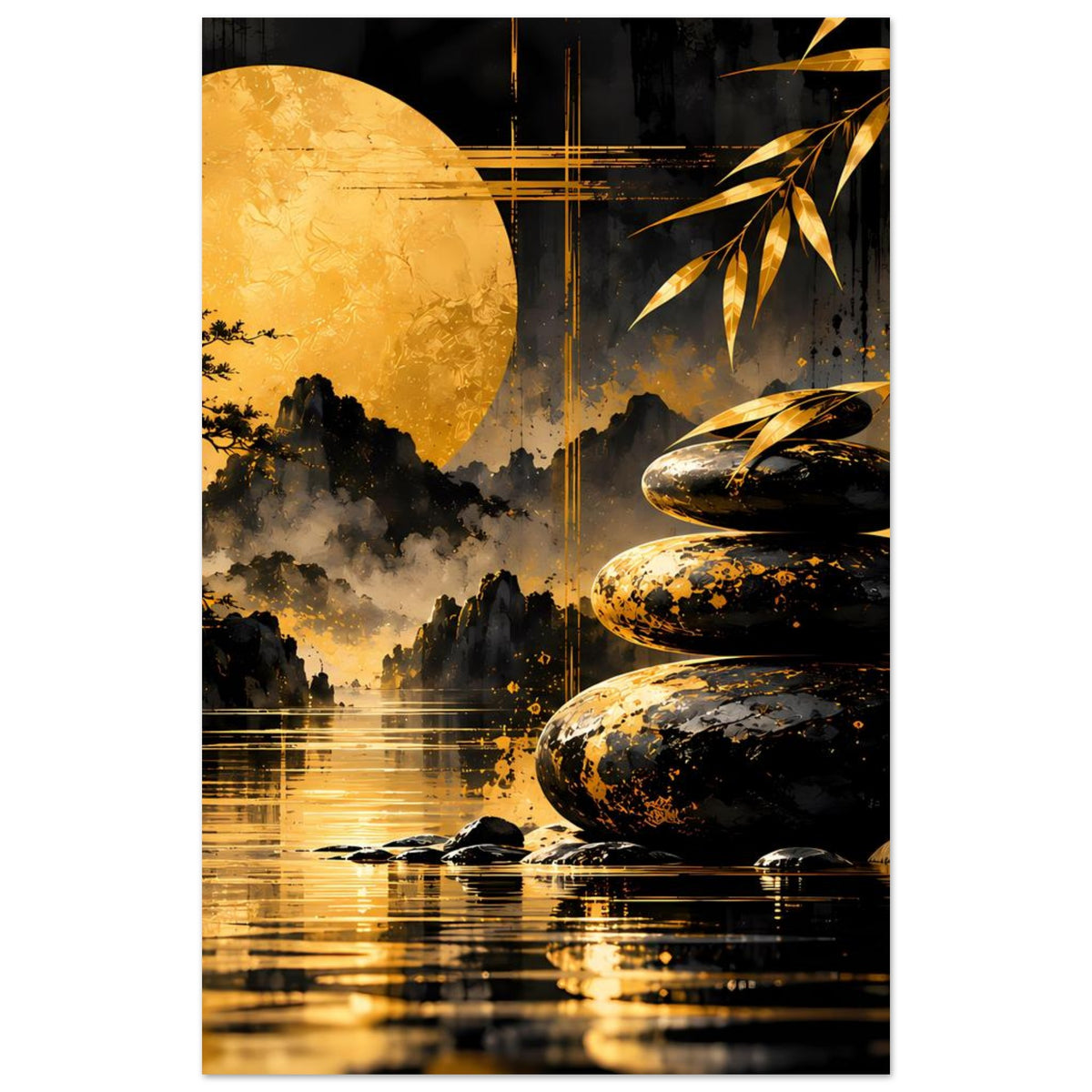 Kunstposter, vertikal zugeschnitten: goldener Mond, Zen-Steinsäulen und goldene Sprenkel
