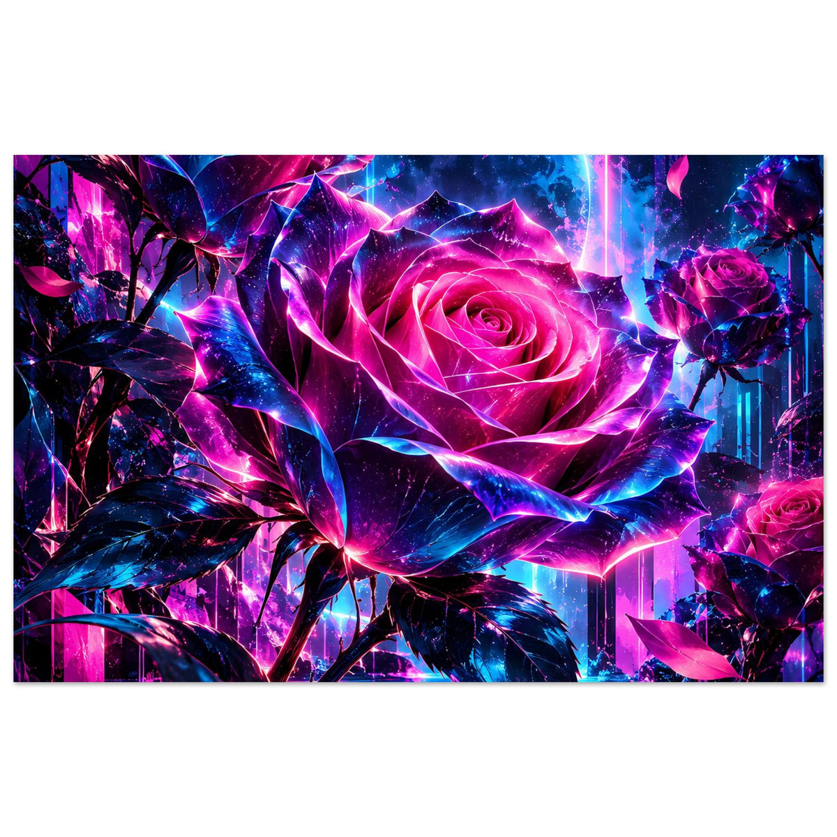 Kunstposter mit leuchtender Neonrose in Pink und Blau, umgeben von floralen Elementen