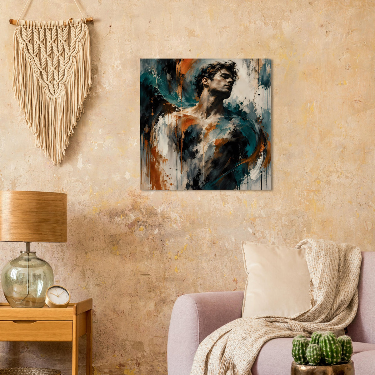 Kunstposter mit Männerporträt in Petrol und Rostorange, Pinselstriche und Farbspritzer