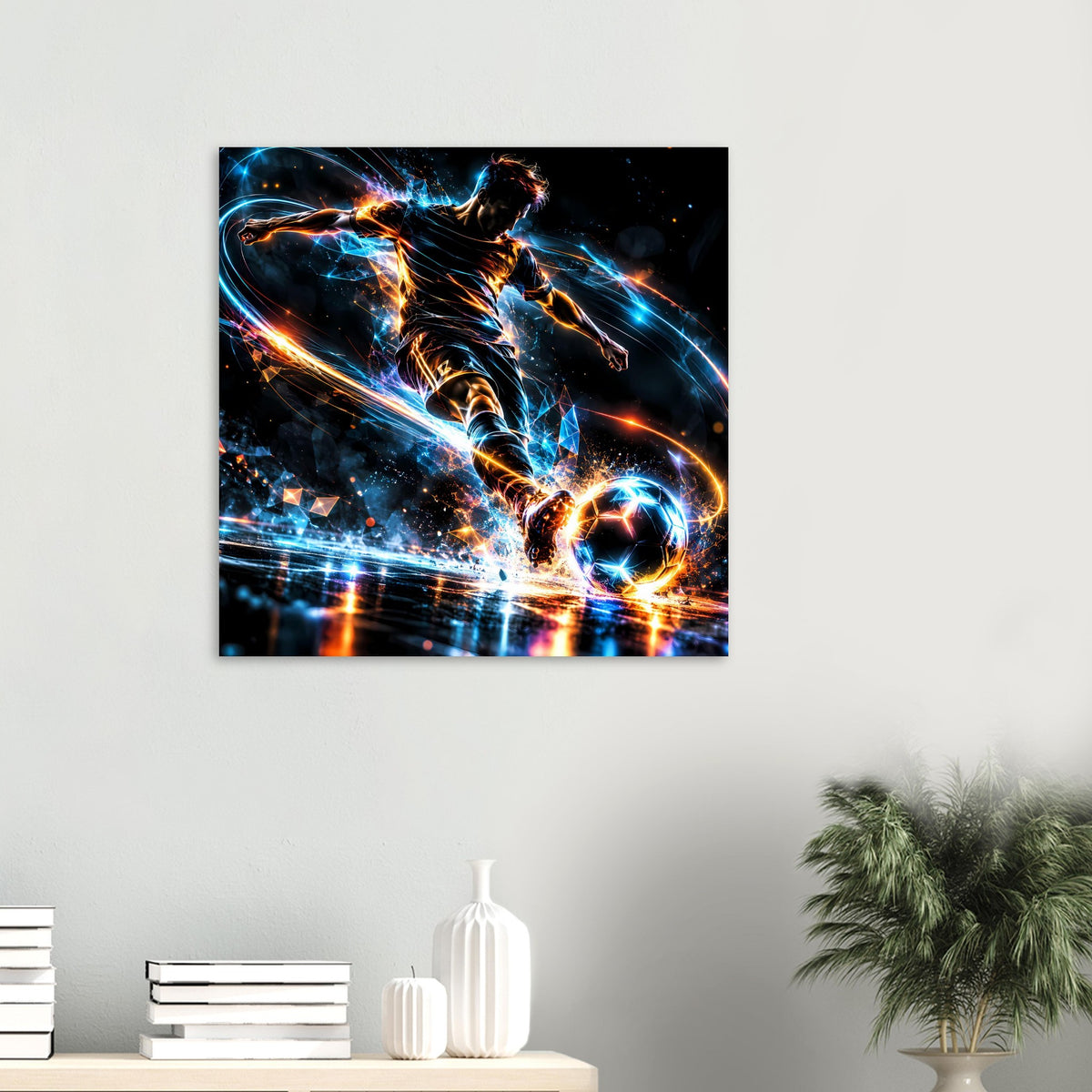 Neon-Fußball-Actionposter mit Fußballer, Energiestrahlen und leuchtendem Ball, quadratisch
