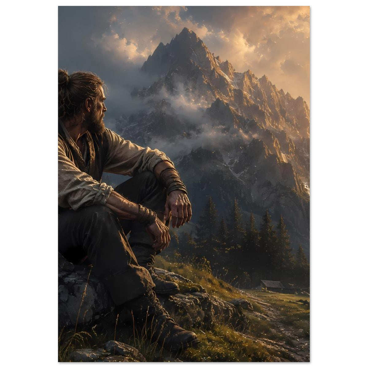 Vertikales Poster: Mann sitzt am Felsen, Berggipfel und goldenes Sonnenlicht.